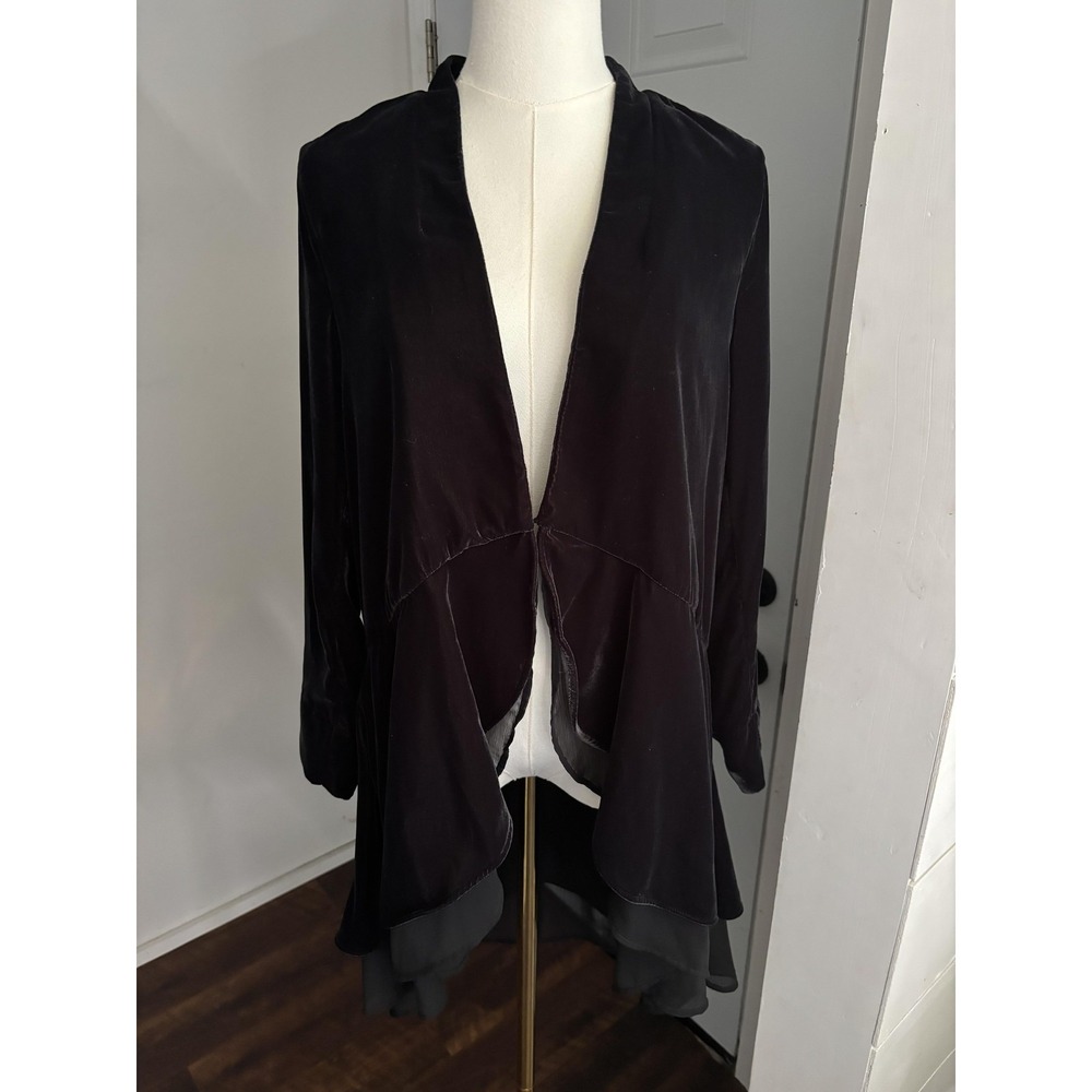 Soft Surroundings Jacket Womens Medium Black Velvet Ruffle Open Front Whimsigoth